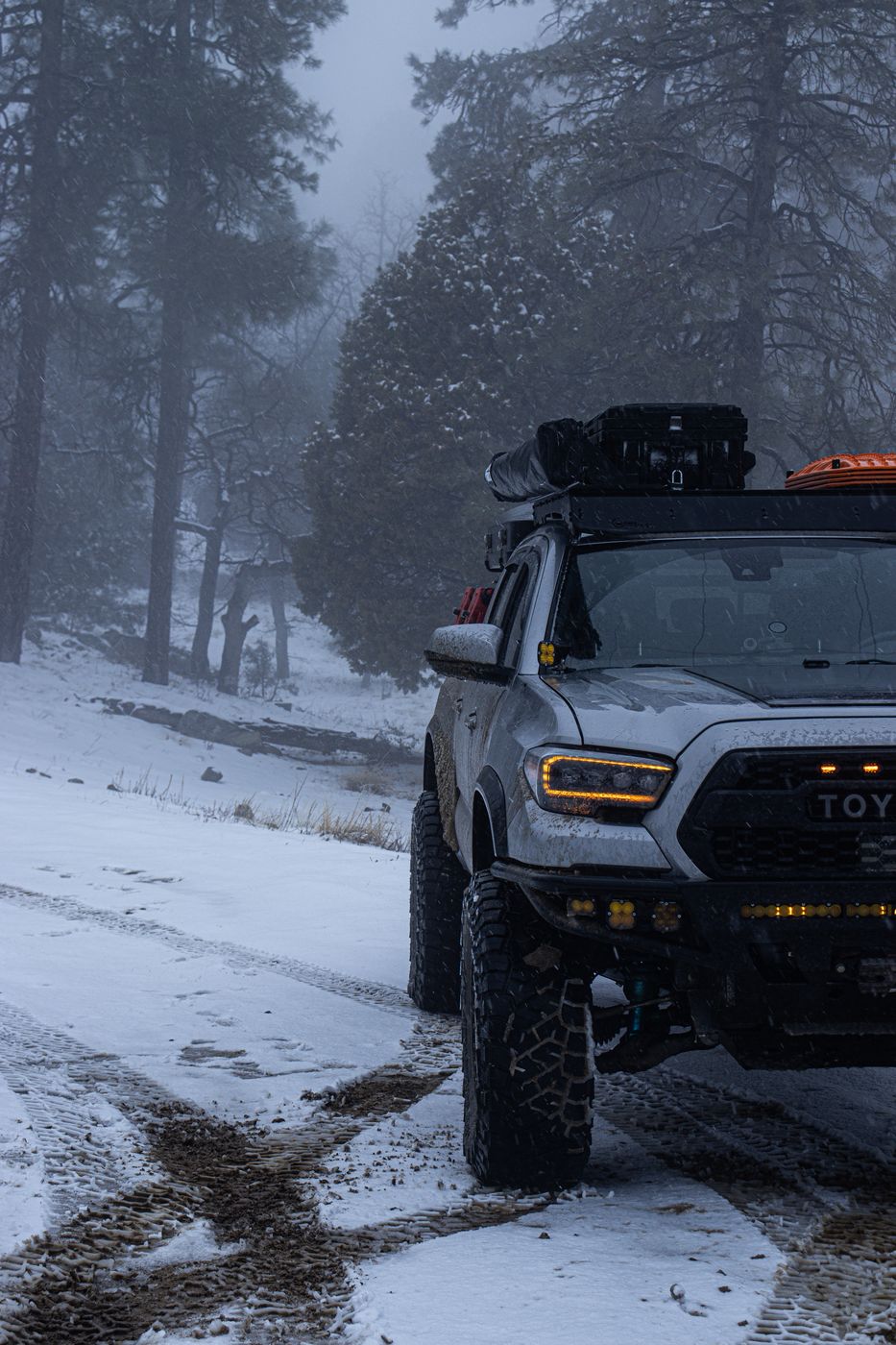 Rear view of the Tacoma with rooftop tent and RotoPax fuel cans above a Sedona canyon