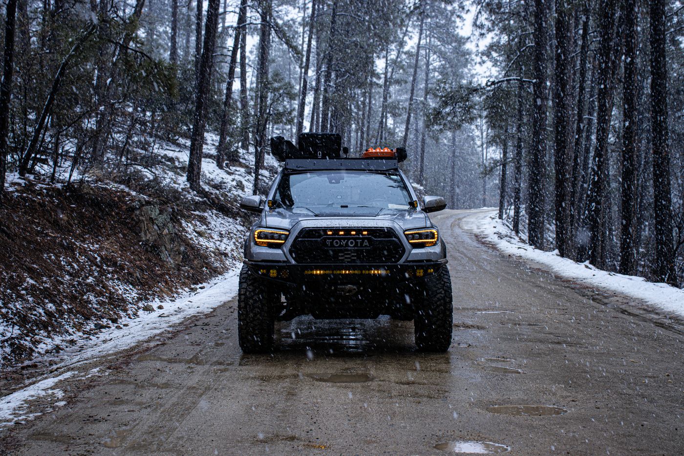 Head-on view of the Tacoma in falling snow